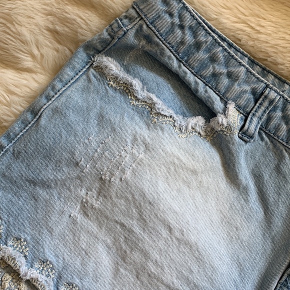 Low rise denim jean shorts with embroidered detailing 12 - Picture 7 of 11
